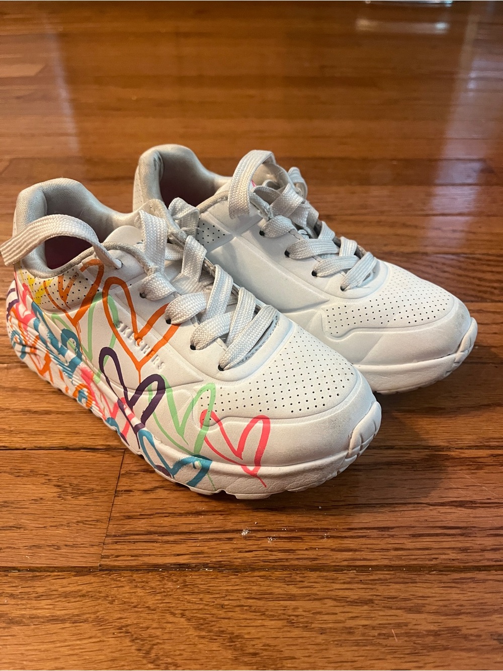 Kids White Sketchers Sneakers with Multicolor Heart Design